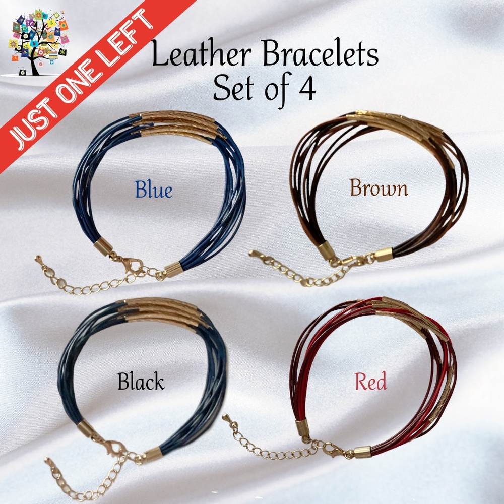 Leather Bracelets with Gold Accents Set of 4 Black Blue Brown Red - Picture 1 of 2